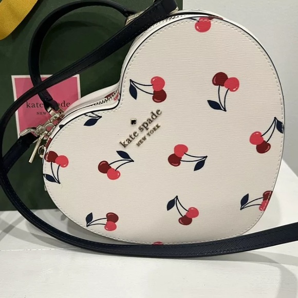 Kate Spade Love Shack Dancing Cherries Saffiano Heart Crossbody Bag Tote Cherry - Picture 5 of 8